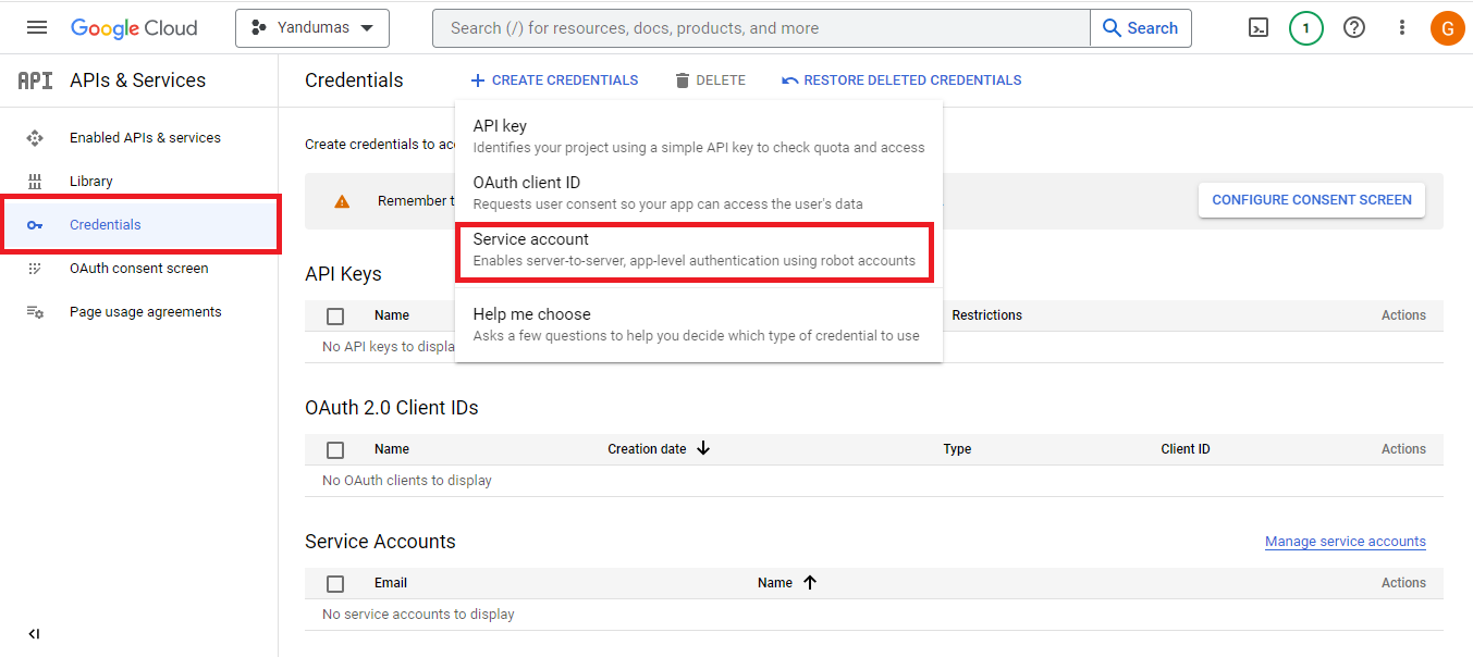 Generate Service account key